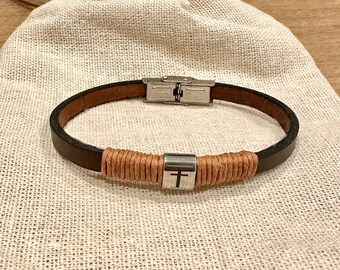 Cross Leather Bracelet, Unisex Stainless Steel Christian Jewelry