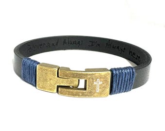Mens Cross Leather Bracelet: Personalized Engraved Religious Jewelry