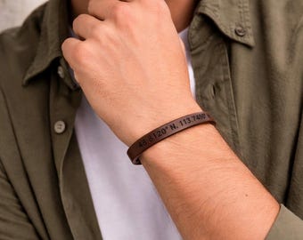 Minimalist Coordinates Leather Bracelet For men, Custom GPS Engraved Wristband, Anniversary personalized Gift Him