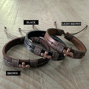 Cross Bracelet For Him, Unisex Religious Gift for Baptism, Men Leather Bracelet, Communion Bracelet For Son Adjustable Confirmation Bracelet