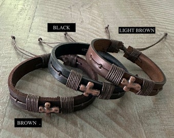 Leather Cross Bracelet, Unisex Religious Gift, Adjustable Band