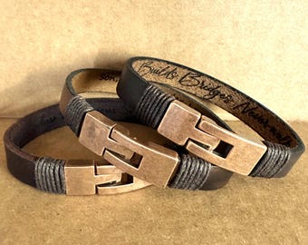 Personalized Leather Bracelet for Men: Engraved Copper Clasp, Custom Message