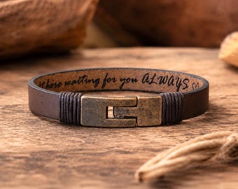 Personalized Dad Leather Bracelet, Own Tex Engraved Gift For Son Husband, Custom Leather Bracelet For Men,   Personalize Jewelry For Him.