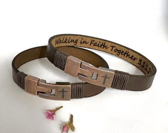 Personalized Men Cross Leather Bracelet, Faith Cuff Bracelet With Hidden Message