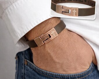 Personalized Leather Bracelet For Men, Engraved Cross On Clasp, Hidden Message Wristband, Custom Jewelry