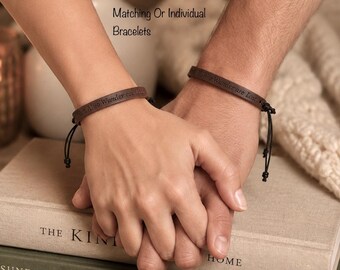Minimalist Personalized Leather Bracelets, Unisex Adjustable Bracelets for Men,  Custom Engraved  Couples Gift