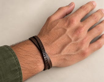 Personalized Crossed Straps  Bracelet For Men,  Wrap Custom Wristband Gift for Him,  Engraved Adjustable Leather Cuff Bracelet