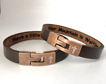 Personalized Cross Leather Bracelet: Engraved Christian Jewelry