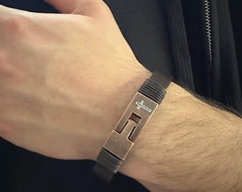 Men's Leather Cross Bracelet, Personalized Faith Jewelry, Handmade