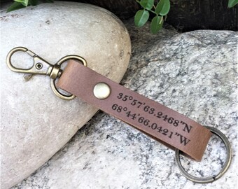 Personalized Leather Latitude Longitude Keychain: Engraved GPS Key Holder.