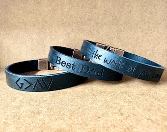 Engraved Leather Dad Bracelet, Personalized Secret Message Jewelry
