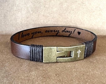 Personalized Cross Leather Bracelet for Men: Religious Confirmation Gift