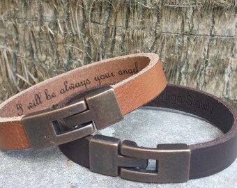 Personalized Leather Bracelet for Men: Engraved Secret Message, Copper Clasp