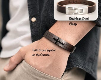 FREE SHIPPING-Personalized Cross Men Leather Bracelet, Stainless Steel Clasp, NO Tarnishing Or Fading Over Time