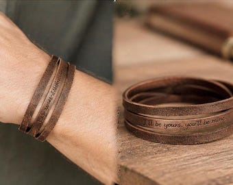 Personalized Rustic Leather Wrap Bracelet for Men,  Engraved Message Strap Cuff, Custom Triple Leather Wristband, Meaningful Gift for Him