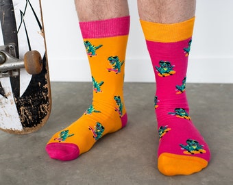 Men's Socks | Dinosaurs on Skateboards | Friday Sock Co Mismatched Socks | Skater | Dino Socks | Rad | Fun Socks for Men | Retro | Bright