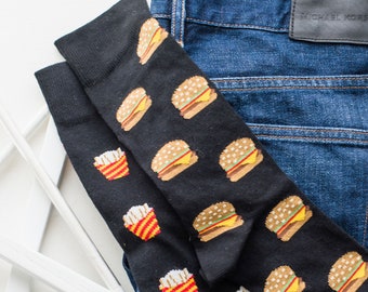 Men's Socks | Burger & Fries | Friday Sock Co Mismatched Socks | Food Socks | Fast Food Sock | French Fry Socks | Best Man Socks | Fun Socks