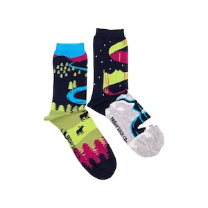 Women&#39;s Socks | The North Canadian Landscape Socks | Friday Sock Co | Mismatched Socks | Northern Lights | Gifts for Her | Outdoor socks