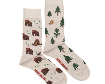 Men's Bear in Hat and Trees Socks | Purposely Mismatched | Great Gift