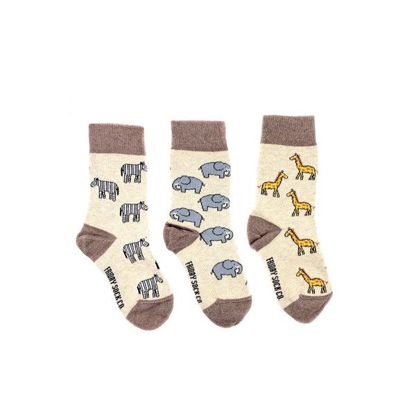 Kid's Socks | Safari | Friday Sock Co Mismatched Socks | Organic Cotton | Zebra Socks | Giraffe Sock | Elephant Socks | Zoo Socks | Kid Gift