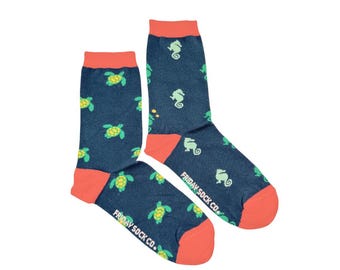 Women's Coral Seahorse & Turtle Socks | Purposely Mismatched | Great Gift