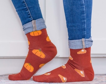 Pumpkin & Pumpkin Pie Socks | Mismatched Socks | Women's Holiday Socks | Dessert Socks | Thanksgiving Socks | Autumn | Fall