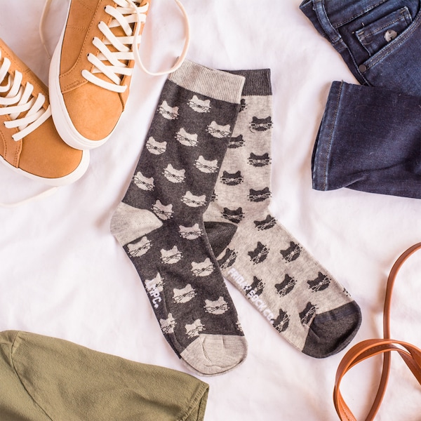Grey Cat Socks | Cat Lover Gift | Friday Sock Co Mismatched Socks | Women's Socks | Gifts For Her