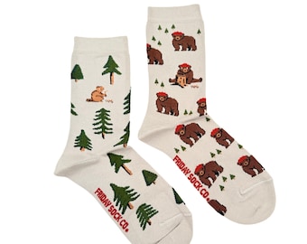 Women's Bear in Hat and Trees Socks | Purposely Mismatched | Great Gift