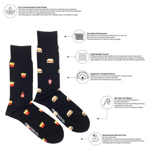 May include: A pair of black socks with a fun fast food print. The socks feature hamburgers, french fries, ketchup, and soda cups. The socks are made with a high needle count and Egyptian combed cotton. The socks have a no-feel toe seam and reinforced heel and toe.
