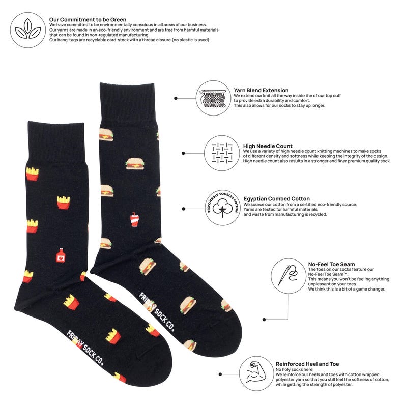 May include: A pair of black socks with a fun fast food print. The socks feature hamburgers, french fries, ketchup, and soda cups. The socks are made with a high needle count and Egyptian combed cotton. The socks have a no-feel toe seam and reinforced heel and toe.