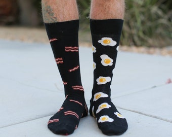 Mens Socks | Bacon and Eggs | Friday Sock Co Mismatched Socks | Fun Socks for Men | Bacon Gifts | Gifts for Dad | Premium Socks | Breakfast