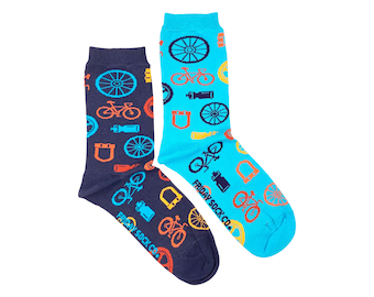 May include: Two colorful socks with bicycle-themed patterns. One sock is navy blue with orange, yellow, and blue bicycle and wheel designs. The other sock is light blue with similar bicycle and wheel designs. The text "FRIDAY SOCK CO." is printed on the bottom of each sock.