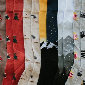 Chaussettes Mountains and Sunset | Cadeaux pour les amoureux de la montagne | Chaussettes dépareillées Friday Sock Co. | Coton peigné biologique | Respectueux de l'environnement image 4