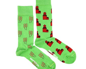 Men's Socks | Wheat & Grain Elevator | Friday Sock Co. Mismatched Socks | Farm Socks | Gifts for Farmer | Crop | Harvest | Country Socks
