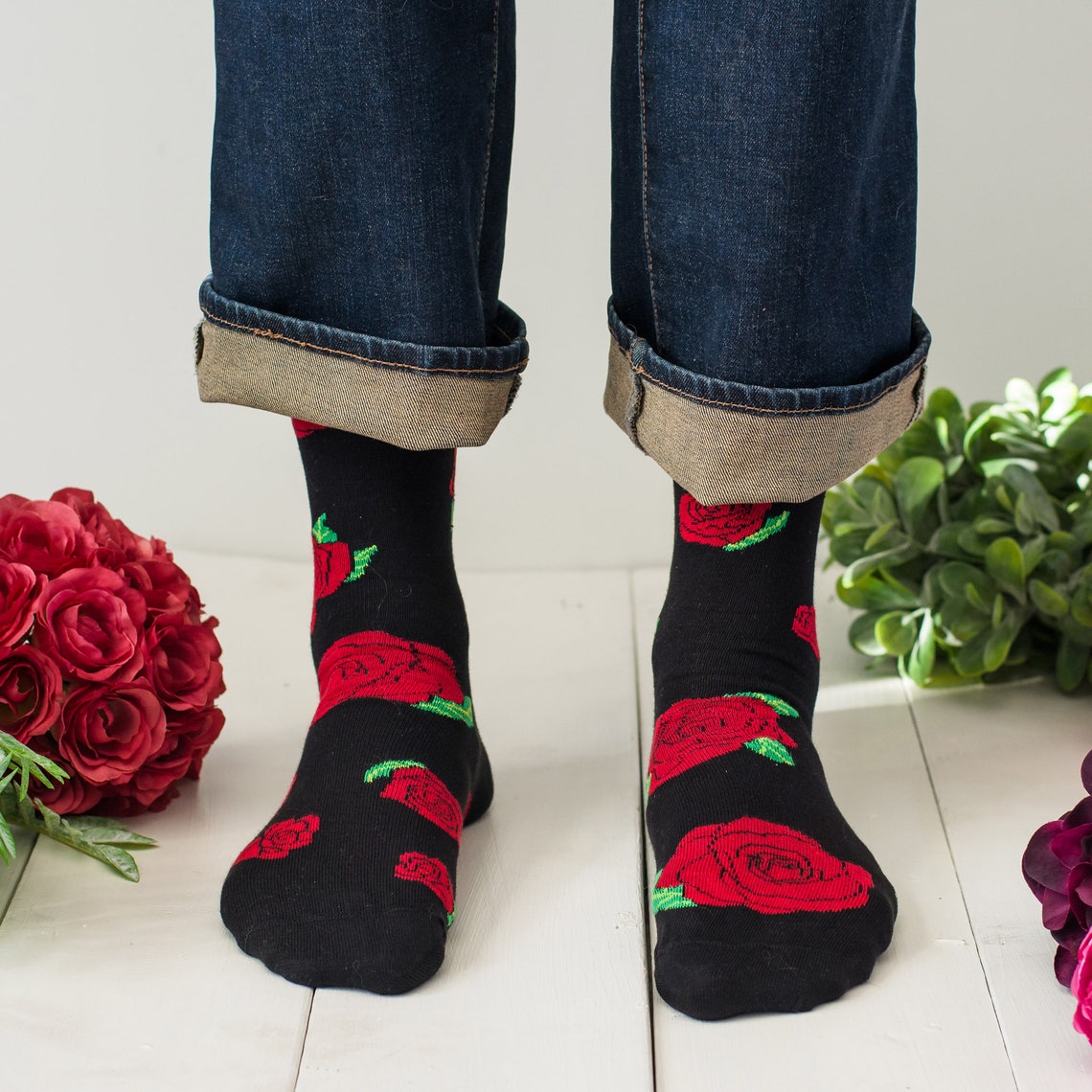 Men's Socks Rose Floral Mismatched Socks Rock n Roll Etsy
