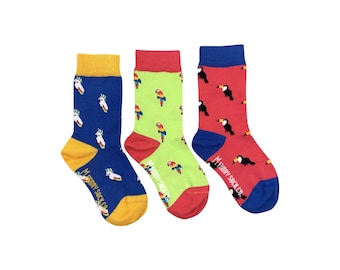 Kid's Socks | Tropical Birds | Friday Sock Co Mismatched Socks | Organic Cotton | Toucan | Parrot | Cockatoo | Rainforest | Bird | Animal