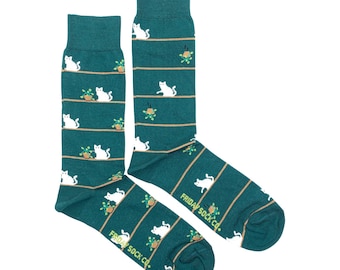 Meias masculinas | Cat & Plant | Meias incompatíveis Friday Sock Co. | Meias Kitty Cat | Meias Pet | Presente para pessoa de gato | Meias divertidas para gatos | Meias Plant
