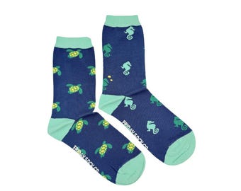 Women's Teal Seahorse & Turtle Socks | Purposely Mismatched | Great Gift