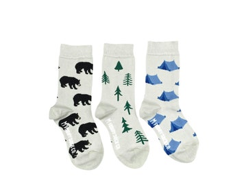 Kid's Socks | Bear, Tent, & Tree | Friday Sock Co Mismatched Socks | Organic Cotton | Camping Socks | Animal Socks | Children Socks | Summer