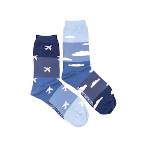 Women&#39;s Socks | Plane & Cloud | Friday Sock Co Mismatched Socks | Travel Socks | Gift Ideas | Gifts for Her | Pilot | Flight Attendant