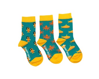 Kid's Socks | Diver, Octopus, & Submarine | Friday Sock Co Mismatched Socks | Organic Cotton | Ocean Socks | Kid's Under The Sea | Ocean