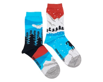 Women's Socks | Rocky Mountains Canadian Landscape Socks | Friday Sock Co | Mismatched Socks | Outdoor Socks | Gift Idea | Birds | Fun Socks