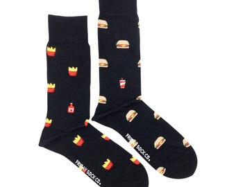 Men&#39;s Socks | Burger & Fries | Friday Sock Co Mismatched Socks | Food Socks | Fast Food Sock | French Fry Socks | Best Man Socks | Fun Socks