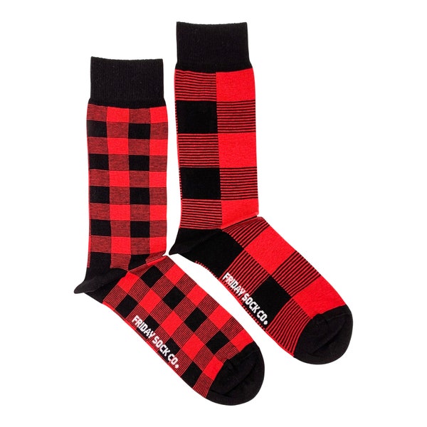 Herrensocken | Rot Karo V2 | Friday Sock Co Mismatched Socken | Geschenke für Ihn | Wintersocken | Strumpffüller | Gemütliche Geschenke | Lustige Socken