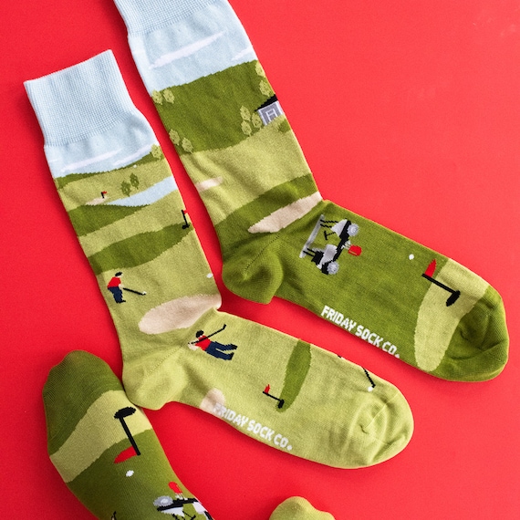 Men's Socks | Golf Scene | Friday Sock Co Mismatched Socks | Golfer | Golfing | Golf Course | Golf Themed Gifts | Golfing Socks