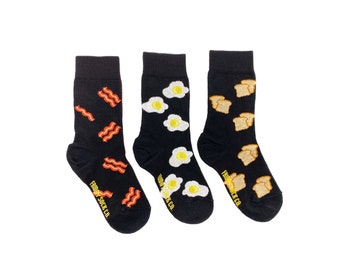 Kid's Socks | Bacon & Eggs | Friday Sock Co Mismatched Socks | Organic Cotton | Breakfast Socks | Small Socks | Food Socks | Kid's Gift Idea