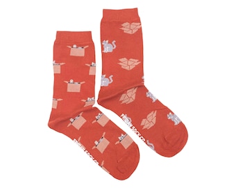 Orange Cat & Box | Women's Socks | Friday Sock Co Mismatched Socks | Cat Socks | Cat Lover | Cat Person Gift | Cute Socks | Socks for Women