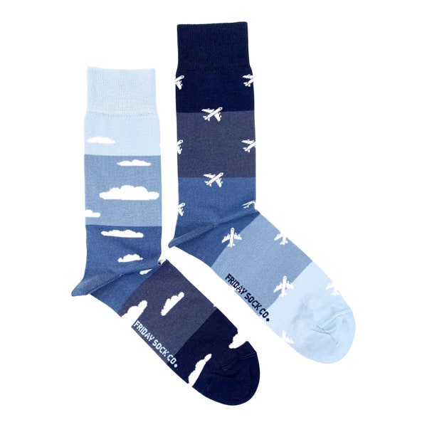 Men's Socks | Plane & Cloud V2 | Friday Sock Co Mismatched Socks | Gifts for Him | Pilot | Flight Attendant | Airport Gifts | Fun Socks