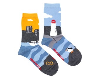 Women's Socks | East Coast Canadian Landscape Socks | Friday Sock Co | Mismatched Socks | Lighthouse | Puffin | Gifts for her | Fishing
