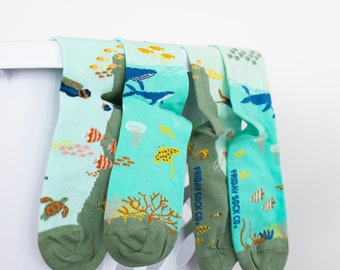 Men's Underwater Scene Socks | Friday Socks | Fun Mismatched Socks | Scuba Diver | Ocean Gifts | Jelly Fish